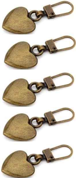 5 Pcs Bronze Heart Shaped Zipper Pull Replacement Metal Zipper Backpack Zippers Mend Fixer Repair for Coats Jackets Pants Luggage, Fasteners, Sewing Notions Supplies